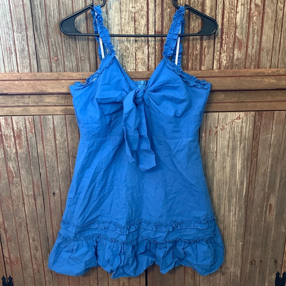 Women SHEIN Ruffle V-neck Tie Front Elastic Shoulder Bright Bold Blue Mini Dress